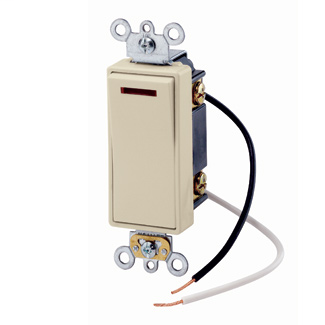 20 Amp, 120 Volt, Decora Plus Rocker Pilot Light - Illuminated ON - Req. Neutral 3-Way AC Quiet Switch, Commercial Spec Grade, Self Grounding, Back & Side Wired, - Ivory