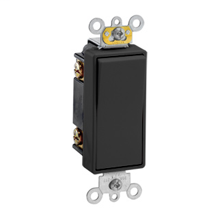 20 Amp, 120/277 Volt, Decora Plus Rocker Double-Pole AC Quiet Switch, Commercial Spec Grade, Self Grounding, Back & Side Wired, - Black