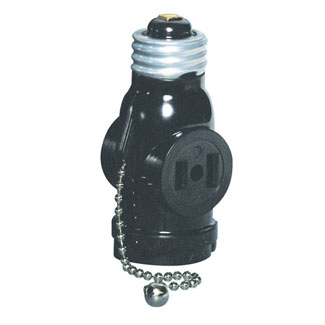 660 Watt, 125 Volt, 2-Pole, 2-Wire Pull Chain Lampholder with 2 Outlets. Pull chain controls lamp socket only, while outlet is continuously live - Black
