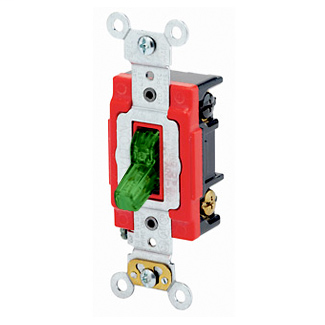 20 Amp, 120 Volt, Toggle Pilot Light - Illuminated ON - Req. Neutral 3-Way AC Quiet Switch, Extra Heavy Duty Spec Grade, Self Grounding, Back & Side Wired, - Green