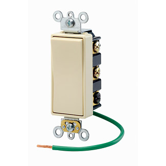 15 Amp, 120/277 Volt, Decora Plus Rocker Double-Throw Ctr-OFF Maintained Contact Double-Pole AC Quiet Switch, Commercial Spec Grade, Self Grounding, Back & Side Wired, - Ivory