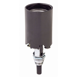 Incandescent lampholder, bottom turn knob switch, candle, medium base, 660W-250V; 2 leg steel bracket assembly pinned to socket, 3 3/16 inches overall height, 3/8-27 by 7/16 inch long thread assembled.
