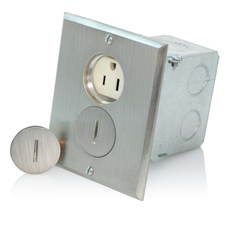 1-Gang Floor Box Receptacle Assembly, Includes Brass with Brushed Nickel Finish Floor Plate, Gasket, Screw Cap, O-ring, and Switch Box. NOTE: O-Ring Should be Assembled On Cap. Receptacle 15A-125V, 2-Pole, 3-Wire, Grounding, NEMA 5-15R. NICKEL