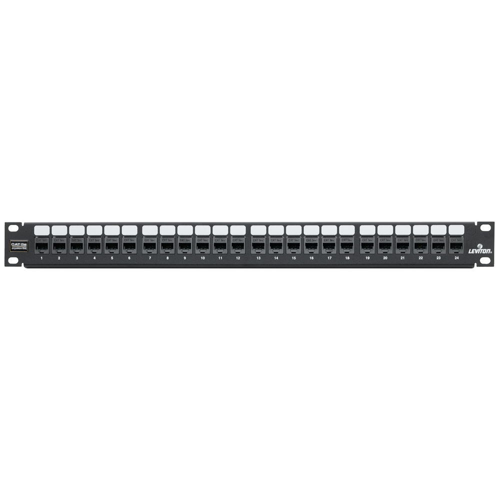 Cat 5e Flat QuickPort Patch Panel, 24-Port, 1RU. Cable Management bar included.