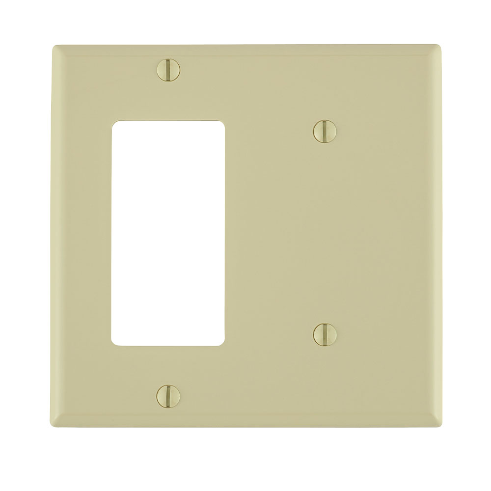 2-Gang 1-Blank 1-Decora/GFCI Device Combination Wallplate, Standard Size, Thermoplastic Nylon, Strap Mount, - Ivory