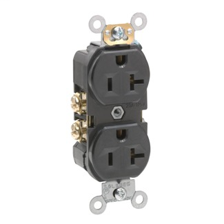 Duplex Receptacle Outlet, Commercial Specification Grade, Indented Face, 20 Amp, 125 Volt, Back or Side Wire, NEMA 5-20R, 2-Pole, 3-Wire, Self-Grounding - Black