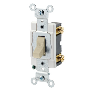 20 Amp, 120/277 Volt, Toggle Single-Pole AC Quiet Switch, Commercial Spec Grade, Grounding, Back & Side Wired, - Ivory