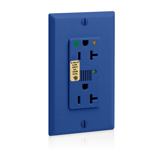Decora Plus Surge Protective Isolated Ground Duplex Receptacle Outlet, Heavy-Duty Hospital Grade, 20 Amp, 125 Volt, Back or Side Wire, NEMA 5-20R, 2-Pole, 3-Wire, Self-Grounding - Blue