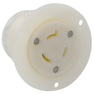 20 Amp, 480 Volt, NEMA L8-20R, 2P, 3W, Flanged Outlet Locking Receptacle, Industrial Grade, Grounding - WHITE