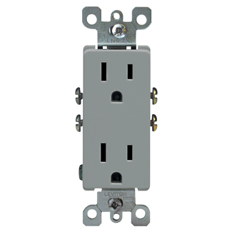 15 Amp, 125 Volt, NEMA 5-15R, 2-Pole, 3-Wire, Decora Duplex Receptacle, Straight Blade, Residential Grade, Grounding, Quickwire Push-In & Side Wired, Steel Strap - Gray