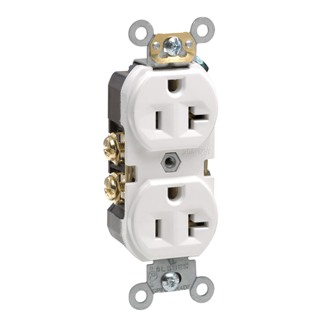Duplex Receptacle Outlet, Commercial Specification Grade, Indented Face, 20 Amp, 125 Volt, Back or Side Wire, NEMA 5-20R, 2-Pole, 3-Wire, Self-Grounding - White