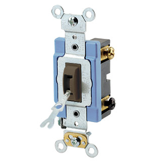 15 Amp, 120/277 Volt, Toggle Locking 3-Way AC Quiet Switch, Industrial Grade, Self Grounding, Back & Side Wired, - Brown