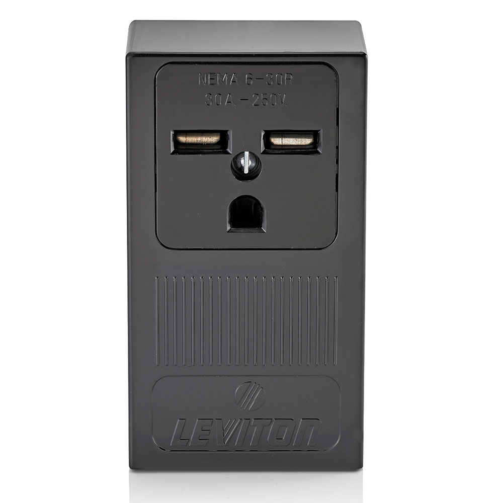 Product image for Leviton 5376 250 Volt 30 Amp 2-Pole 3-Wire NEMA 6-30R Black Thermoplastic Grounding Surface Mount Straight Blade Receptacle