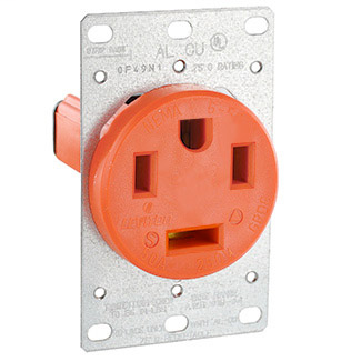 60 Amp, 125/250 Volt, NEMA 14-60R, 3P, 4W, Flush Mtg Receptacle, Straight Blade, Industrial Grade, Isolated Ground, , Side Wired, Steel Strap, - Orange