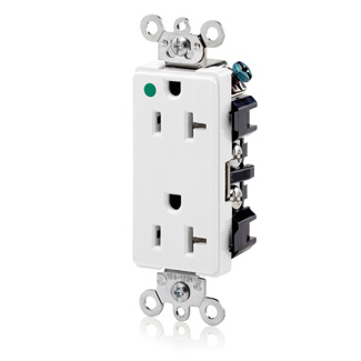 Decora Plus Duplex Receptacle Outlet, Extra Heavy-Duty Hospital Grade, Smooth Face, 20 Amp, 125 Volt, Back or Side Wire, NEMA 5-20R, 2-Pole, 3-Wire, Self-Grounding - White