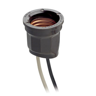 Incandescent lampholder, phenolic pan, medium base, 660W-250V, keyless; with left-hand screw shell; two 6 inch leads, one white and one red 14 AWG, AWM/TEW, 105C 600V, free end stripped 3/4 inch.