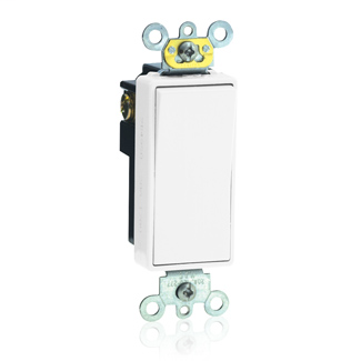 20 Amp, 120/277 Volt, Decora Plus Rocker Single-Pole AC Quiet Switch, Commercial Spec Grade, Self Grounding, Back & Side Wired, - White