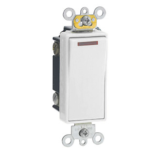 20 Amp, 277 Volt, Decora Plus Rocker Pilot Light - Illuminated ON - Req. Neutral Single-Pole AC Quiet Switch, Commercial Spec Grade, Self Grounding, Back & Side Wired, - White