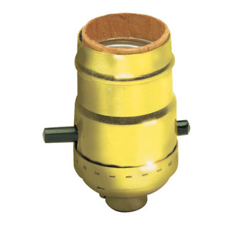 Incandescent lampholder, metal shell, medium base, 660W-250V; push bar, electrolie size; with cap and shell; cap less set screw; polished gilt finish.
