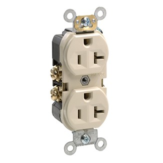 Duplex Receptacle Outlet, Commercial Specification Grade, Indented Face, 20 Amp, 125 Volt, Back or Side Wire, NEMA 5-20R, 2-Pole, 3-Wire, Self-Grounding - Ivory
