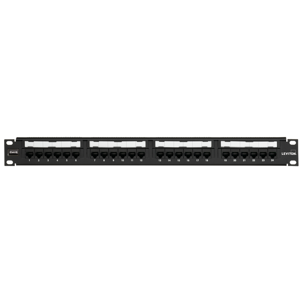 Cat 6 Universal Patch Panel, 24-Port, 1RU. Cable management bar included.
