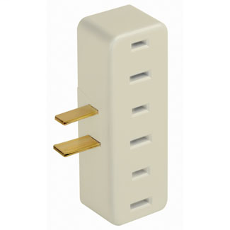 15 Amp, 125 Volt, 2-Pole, 2-Wire, Non-Grounding, Single-to-Triple, Right Angle Adapter, 3 Round or Flat Plugs Accepted - Ivory