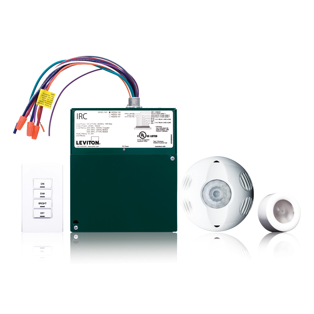 IRC Dimming Room Control Kit, includes Low Voltage devices; 3-Zone Room Controller w/(3) 0-10V outputs and (1) 120/277V relay, M/T Occupancy Sensor (OSC20-M0W), 4 Button Switch (RLVSW-4LW), Photocell (ODC0P-00W), 120/277VAC, 50/60Hz, Title 24 compliant, A