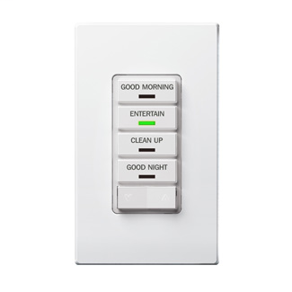 Vizia RF + 4-Button Remote Scene Controller, rated @ 120/240 VAC, 50/60HZ; z-wave enabled, White face assembled on device, color conversion kit included.