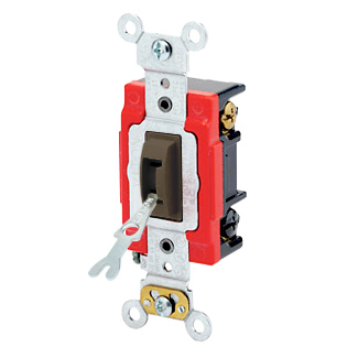 20 Amp, 120/277 Volt, Toggle Locking 3-Way AC Quiet Switch, Industrial Grade, Self Grounding, Back & Side Wired, - Brown