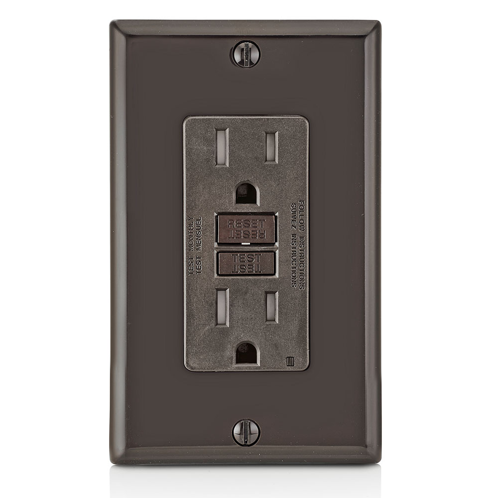 15 Amp, 125 Volt Receptacle/Outlet, 20 Amp Feed-Through, Tamper-Resistant, Self-test SmartlockPro GFCI, Monochromatic, back and side wired, nylon wallplate/faceplate, screws and self-grounding clip included - Brown
