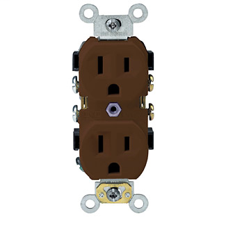 Duplex Receptacle Outlet, Commercial Specification Grade, Indented Face, 15 Amp, 125 Volt, Back or Side Wire, NEMA 5-15R, 2-Pole, 3-Wire, Self-Grounding - Brown