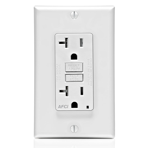 20 Amp, 125 Volt @Receptacle/Outlet, 20 Amp Feed-Through, Tamper-Resistant, AFCI Receptacle/Outlet, Monochromatic, back and side wired, nylon wallplate/faceplate, screws and self grounding clip included – White