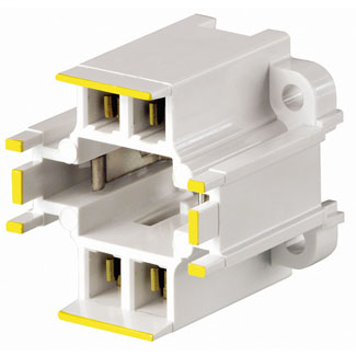 GX24q-4 Base, 42W 4-Pin, 10mm Compact Fluorescent Lampholder, Vertical, Bottom Screw-Down, Yellow Color Code, , Quick-Connect 18AWG Solid or Str. Tinned - White Body