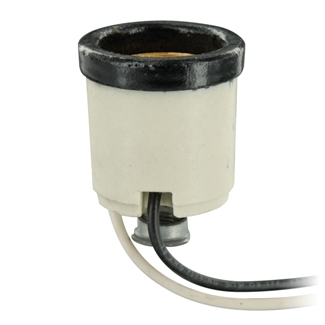 Incandescent lampholder, porcelain medium base, 660W-250V, Two 9 in balck and white leads 18AWG AWM TEW 105C 600V plastic, free ends stripped 3/4 inch, not pulled thru extrusion.