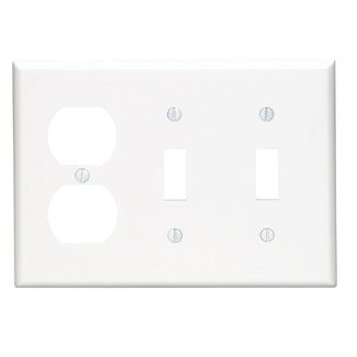 3-Gang 2-Toggle 1-Duplex Device Combination Wallplate, Standard Size, Thermoplastic Nylon, Device Mount, - White
