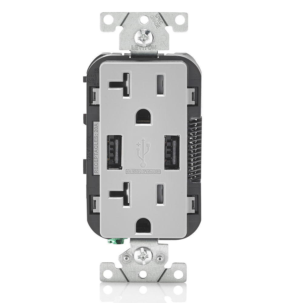 3.6A USB Type-A/Type-A Wall Outlet Charger with 20A Tamper-Resistant Receptacles, Gray