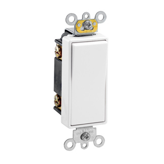 20 Amp, 120/277 Volt, Decora Plus Rocker Double-Pole AC Quiet Switch, Commercial Spec Grade, Self Grounding, Back & Side Wired, - White
