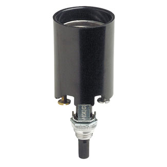 Incandescent lampholder, bottom turn knob switch, candle, medium base, 660W-250V; 2 leg steel bracket assembly pinned to socket, 2 43/64 inches overall height, 3/8-27 by 13/32 inch long round bushing.