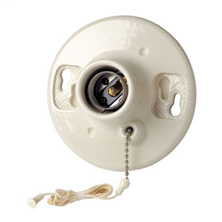 660W/250V Medium Base One-Piece Glazed Porcelain Outlet Box Mount Incandescent Lampholder, Pull Chain, Single Circuit, 2 Screws with Captive Clamps for 4-wire Terminals, Top Wired - White