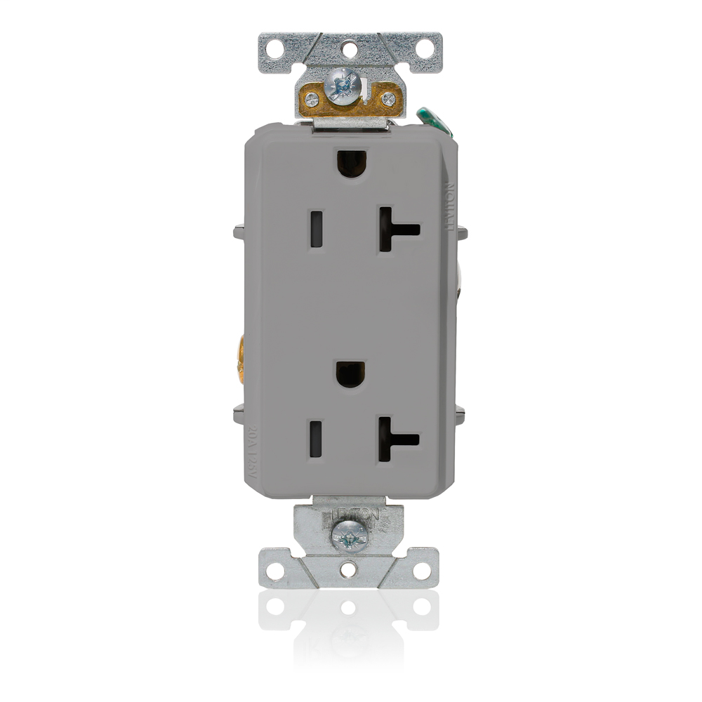 Decora Plus Duplex Receptacle Outlet, Heavy-Duty Industrial Specification Grade, Smooth Face, 20 Amp, 125 Volt, Back or Side Wire, NEMA 5-20R, 2-Pole, 3-Wire, Self-Grounding - Gray