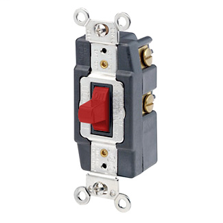 20 Amp, 120/277 Volt, Toggle Double-Throw Ctr-OFF Momentary Contact Single-Pole AC Quiet Switch, Industrial Grade, Grounding, Back & Side Wired - RED