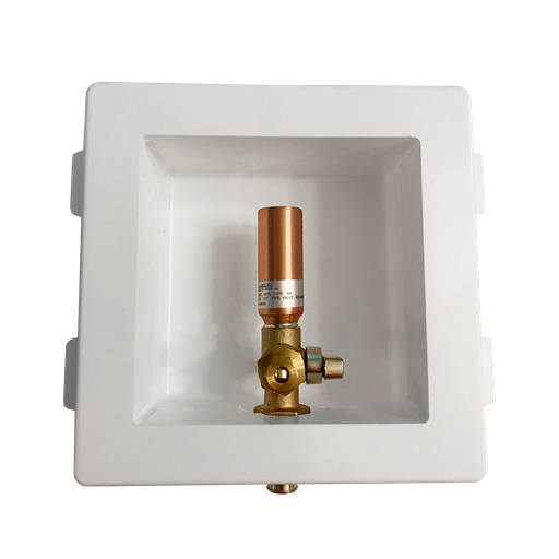 Plastic Ice Maker Box With Hammer Arrester, White, 1/2" CRIMP PEX x 1/4" Compr.