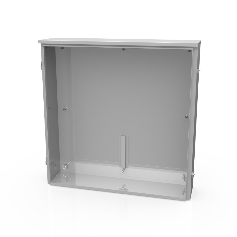 Product image for Milbank 36368-TC3R 36x8x36 Hinge Cover Type 3R UL Listed Steel No Knockouts ANSI 61 Gray Back Panel Weld Studs Draw Shield Emboss Mounting Holes In Back Padlocking Draw Latch Quad D Knockout For Lock