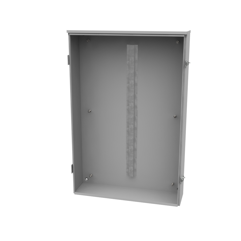 Product image for Milbank 24366-TC3R 36x6x24 Hinge Cover Type 3R UL Listed Steel Knockouts ANSI 61 Gray Back Panel Weld Studs Draw Shield Emboss Mounting Holes In Back Padlocking Draw Latch