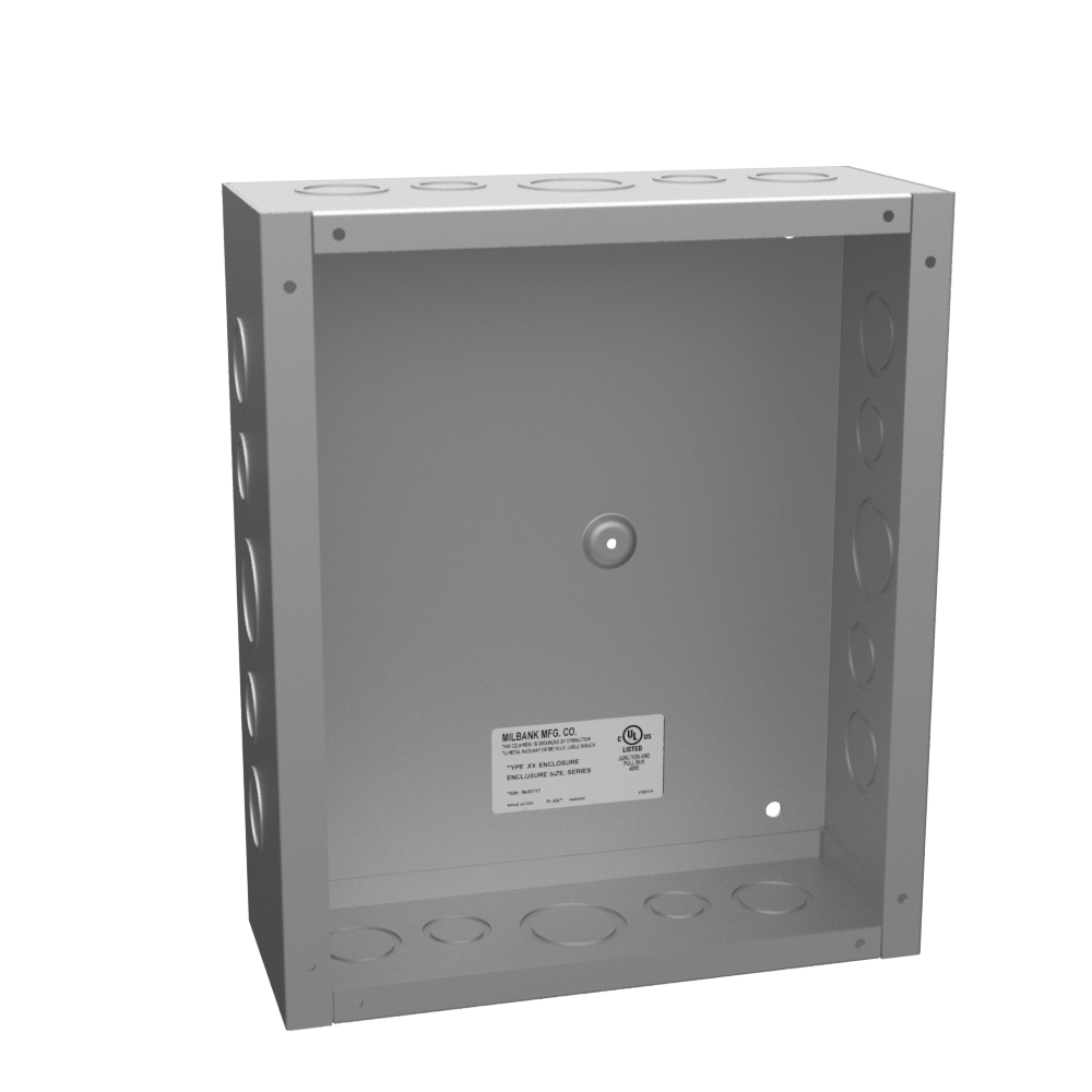 Product image for Milbank 10124-SC1-NP 12x4X10 Screw Cover Type 1 UL Listed Steel Knockouts No Paint Cover With Teardrop Slots Mounting Holes In Back