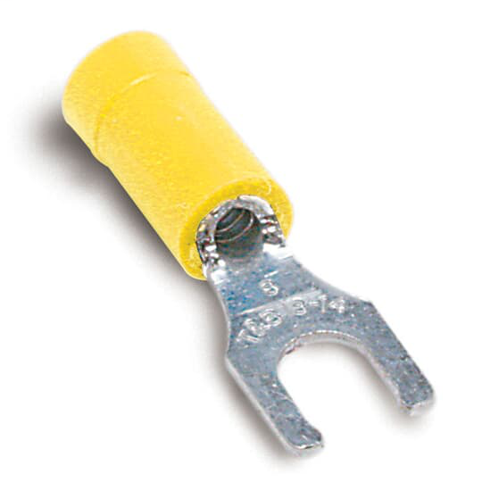 Thomas & Betts 10RC-14FL 12-10 AWG Wire Range 1/4 Bolt Hole Yellow Insulated Vinyl Locking Fork Terminal Thomas & Betts 10RC-14FL 12-10 AWG Wire Range 1/4 Bolt Hole Yellow Insulated Vinyl Locking Fork Terminal
