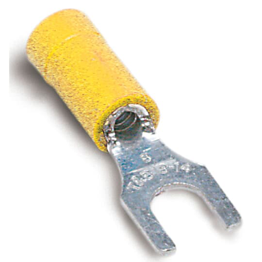 Thomas & Betts 10RC-10F 12 to 10 AWG #10 Stud Yellow Electrotinned Copper Vinyl Insulated Fork Terminal Thomas & Betts 10RC-10F 12 to 10 AWG #10 Stud Yellow Electrotinned Copper Vinyl Insulated Fork Terminal