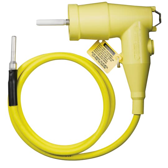 Product image for ABB Elastimold 370GLR 35kV, 200 Amp, Loadbreak Grounding Elbow Connector w/ 600 Volt, 6 Foot, 1/0 AWG Stranded, Tinned Copper Ground Lead. Includes (1) Grounding Elbow, (1) Grounding Cable 1/0 AWG, Lubricant, Installation Instructions & (1) Protective Shipping Cap. Body of Connector is 7.40" wide & 7.53" from Bottom Edge to Center of Probe.