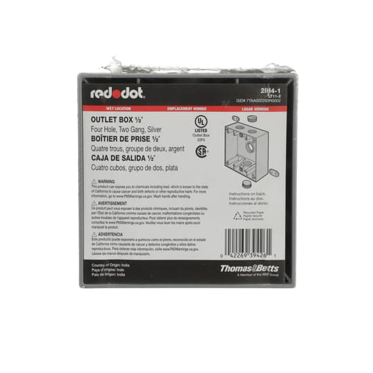 Product image for Red Dot 2IH4-1 2-Gang Weatherproof Metallic Device Box, (4) 1/2" Hubs, 2" Deep
