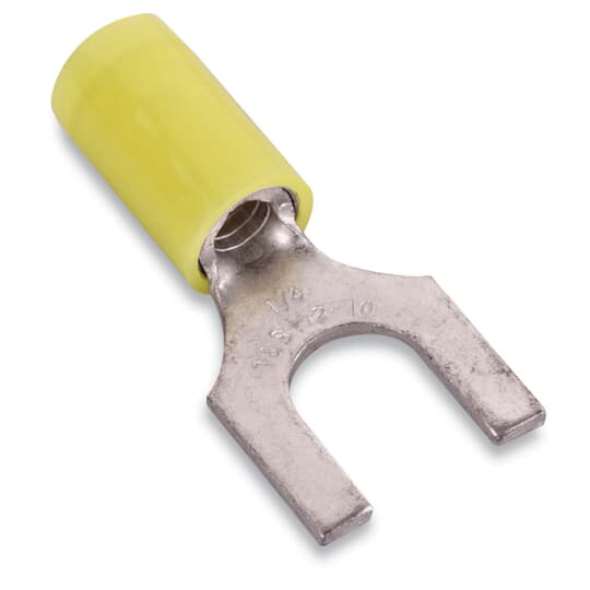 Product image for Thomas & Betts RC1123 #8 Bolt Hole 12-10 AWG Wire Range Yellow Insulated Nylon Fork Terminal